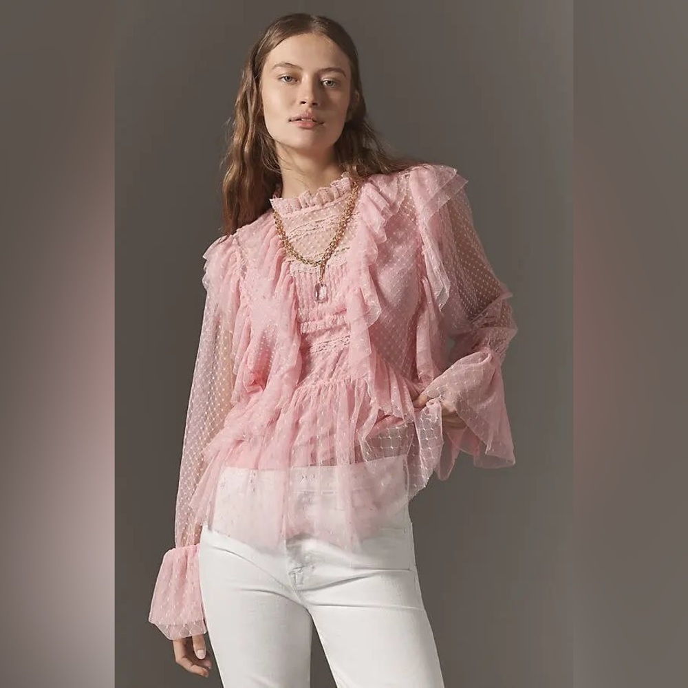 🌸NWOT🌸 Anthropologie Long-Sleeve Ruffle Sheer Blouse